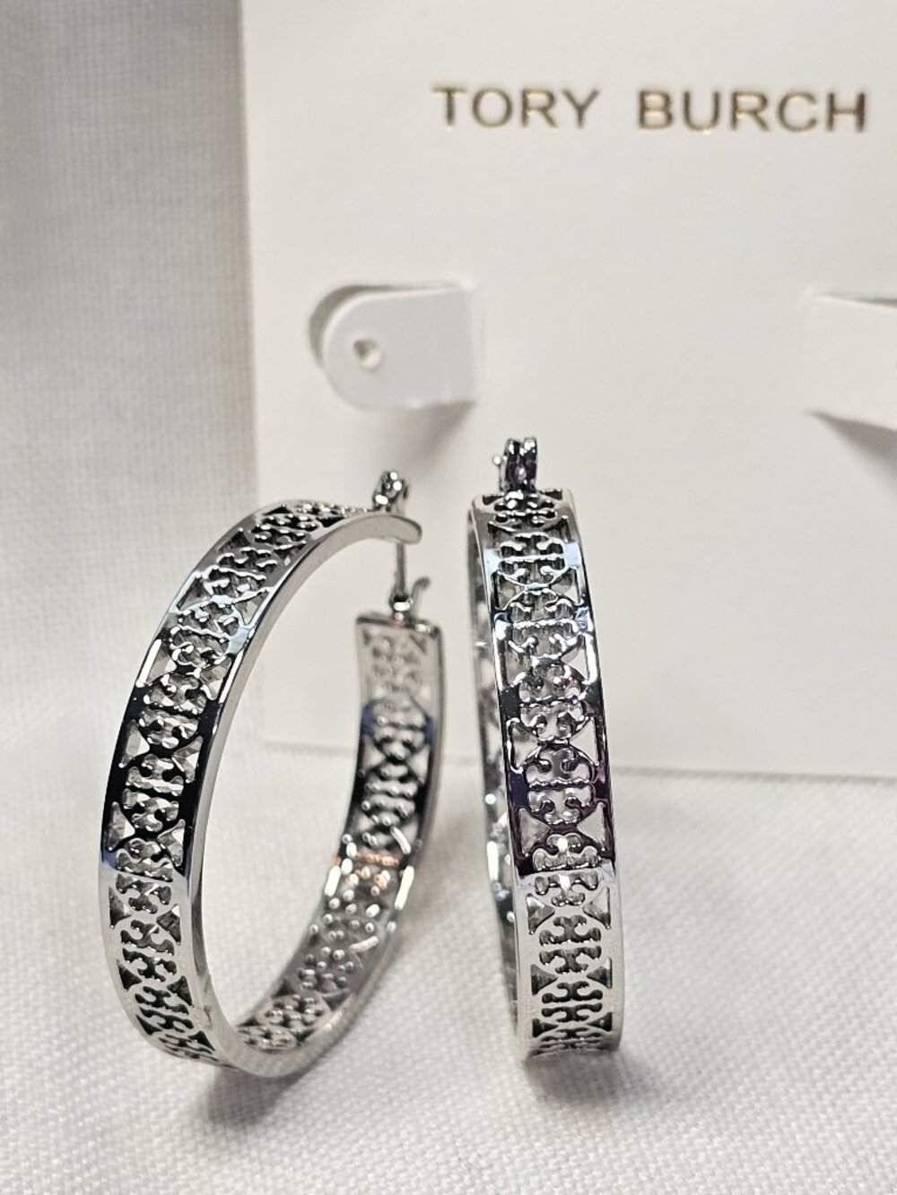Tory Burch Silver T logo Hoop Earrings – Authentic Designer Jewelry